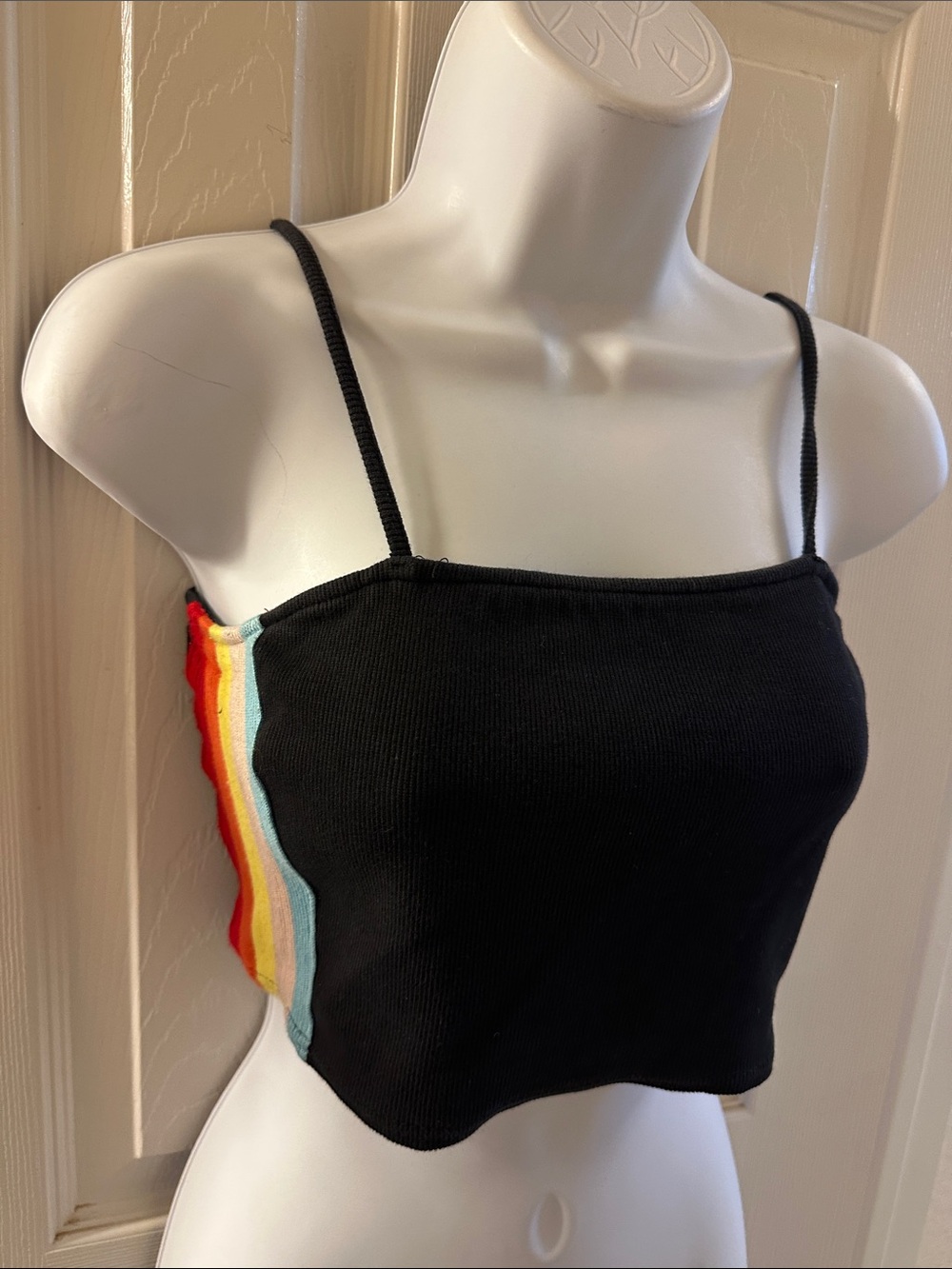 Full Tilt Black Ribbed Cropped Cami with Rainbow Side Stripes